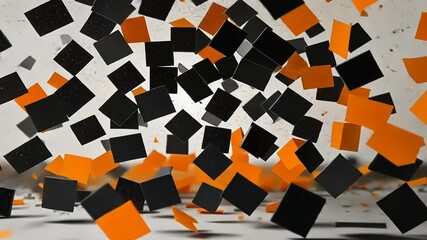 Black and orange cubes exploding from center on white surface