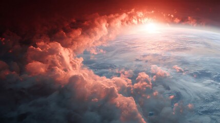 Wall Mural - A mesmerizing aerial view of the Earth, showcasing vibrant clouds, and a radiant sunrise