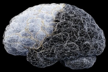 Poster - Integrating the organic brain with , joining intricate brain folds to a lattice of polygons, on a blue colored background
