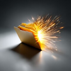 Poster - Explosive Data: A Folder Unleashing Information with Bright Light and Glowing Radiance on a Dark Background.