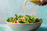 Tahini Sauce Being Poured Over Salad Bowl with Fresh Veggies, Healthy Eating Concept