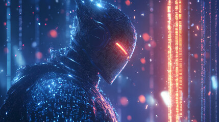 A digital knight with glowing eyes and a sword made of data points. [Electric Myths] | Cyber Valkyries | code warriors. Illustration