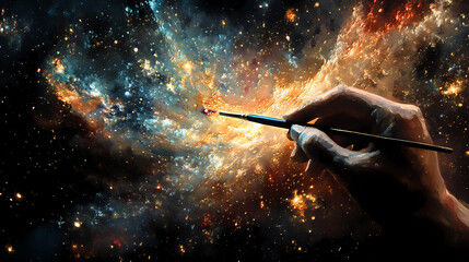 Wall Mural - a hand is painting a vibrant galaxy filled with stars and colors, capturing the essence of the unive