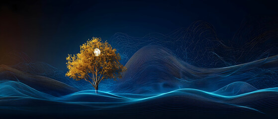 Poster - Golden Tree In Digital Landscape With Blue Background