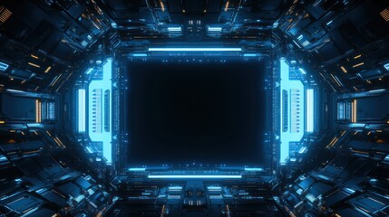 Poster - Futuristic neon glowing frame in dark corridor