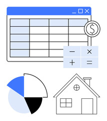 Poster - spreadsheet with table layout, calculator buttons, pie chart divided into four sections, house outli