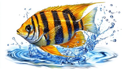 Poster - Black and white fish sporting orange fins swim through the water, producing ripples