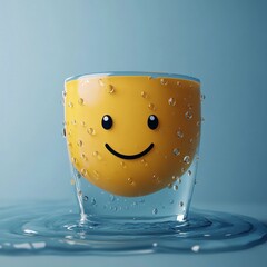 Poster - the image features a glass of water containing a smiling yellow orb on a blue background