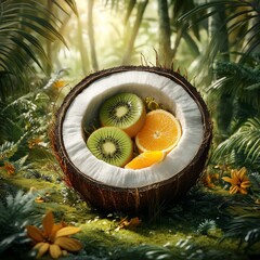 Poster - In a tropical setting, a luminous kiwi is paired with a golden coconut, creating a unique image