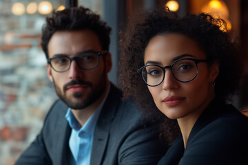 Poster - man and a woman are sitting next to each other, both wearing glasses. The man is wearing a suit and tie, while the woman is wearing a black dress. They are both looking at the camera