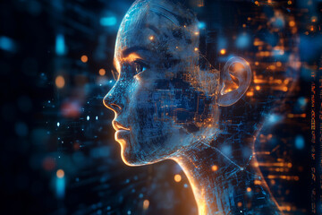 Fototapete - woman's face is shown in a computer generated image with a glowing, futuristic look. The image is a representation of the idea of technology and its impact on human identity