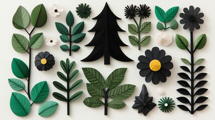 Poster - Pixel Art Depicting Flora and Fauna in White, Green, Pink, and Black on a Gray Base