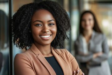 Poster - woman with curly hair is smiling and posing for a picture. She is wearing a suit and jacket, and her arms are crossed. Concept of confidence and professionalism