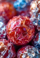 Aufkleber - Shiny Foil Texture, Crinkled Surface Detail. Macro Shot Reveals Intricate Folds. Abstract Reflective Material Captures Light. Close-up Imagery Shows Metallic Wrapper.