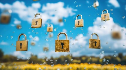 Poster - Gold padlocks floating on blue sky