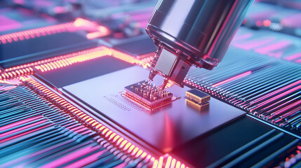 Poster - High-Tech Circuit Board Installation In Neon Lights
