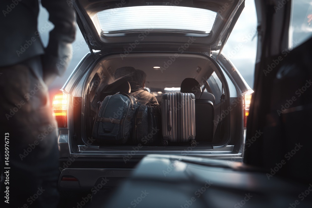 A person is loading various pieces of luggage into the trunk of a car at dusk. The scene suggests a travel journey, with a mix of soft lighting and a sense of anticipation.
