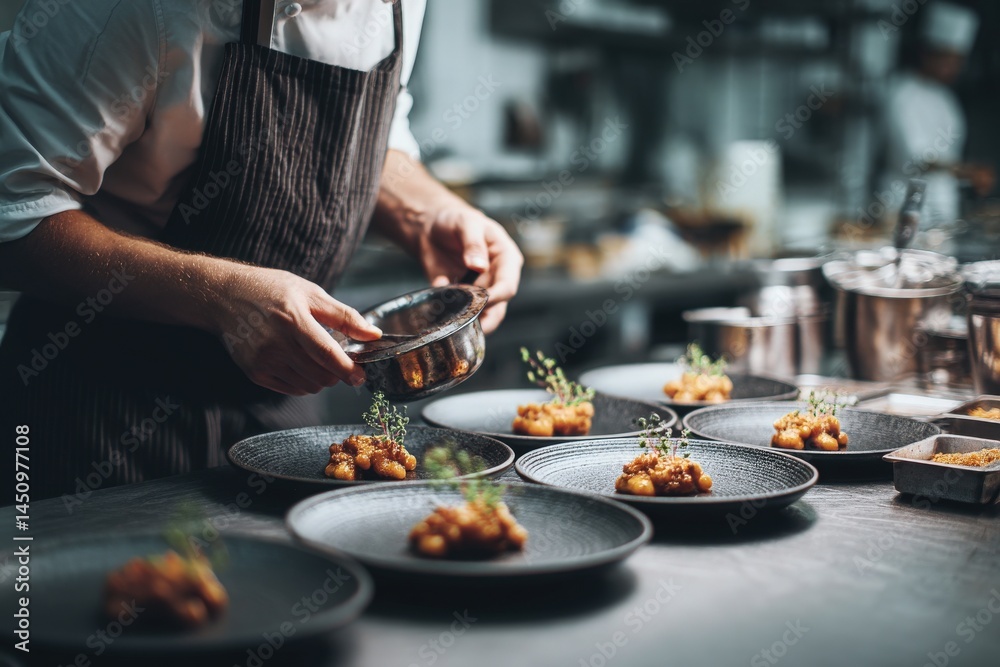 A chef carefully garnishes beautifully plated dishes in a sleek kitchen. The setting is busy with various culinary preparations underway as the dinner rush approaches.