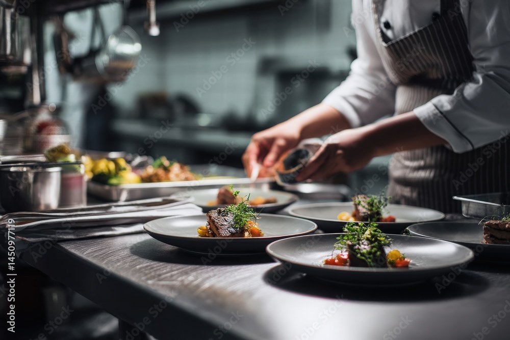 A chef elegantly plates gourmet food in a lively restaurant kitchen. The atmosphere is vibrant as dishes are arranged with care on black plates amid an array of colorful ingredients.