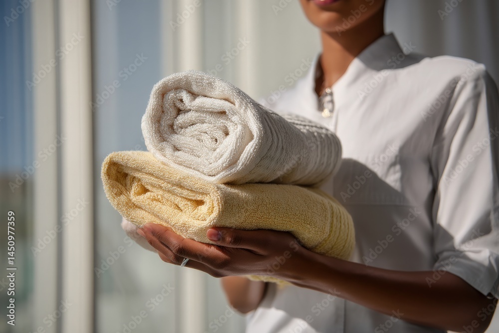 A person stands indoors, holding two rolled towels, one white and one yellow, showcasing a clean and organized atmosphere. The bright natural light enhances the fresh ambiance of the space.