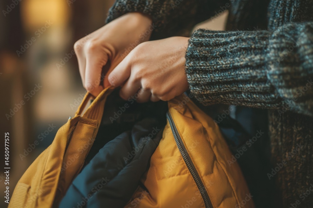A person is zipping up a yellow jacket while indoors, showcasing a moment of preparation during the cooler autumn months. The warm knit sweater adds to the seasonal vibe and comfort.