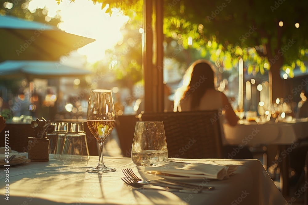 A beautifully set table waits for guests at an outdoor restaurant as the sun sets, casting a warm glow over wine glasses and dishes. Trees and urban buildings are softly illuminated.
