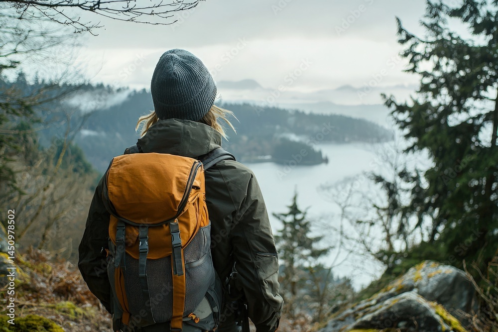 A backpacker stands on a rocky ledge, gazing over a serene lake surrounded by misty mountains. The overcast sky adds a calm atmosphere to the beautiful landscape.