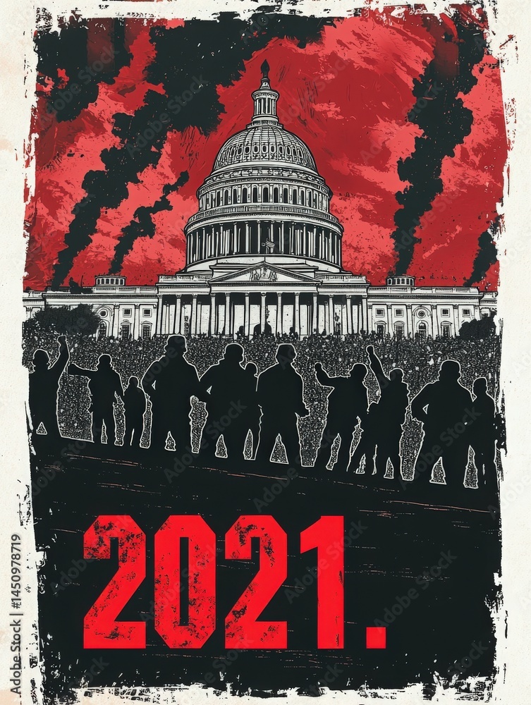 A large crowd of protesters stands in front of the Capitol building, which is depicted amidst dark clouds and smoke.