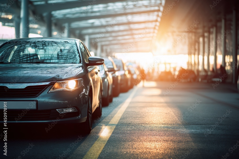 Multiple cars wait in a well-lit area featuring large glass structures overhead. The warm glow of sunset provides an inviting ambiance to the scene, highlighting the vehicles.