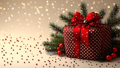 festive gift with bow, berries, and pine