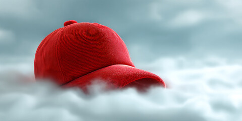 Poster - Red corduroy baseball cap partially submerged in clouds, showcasing texture and creating a dramatic, mysterious mood