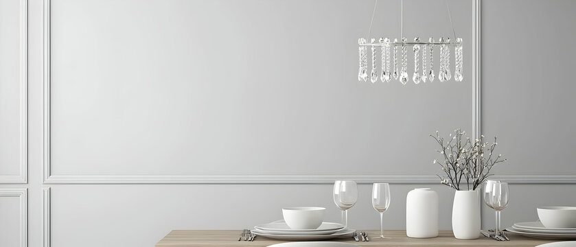 Elegant Modern Dining Area With Crystal Chandelier And White Tableware