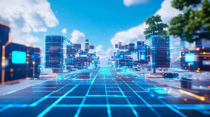Poster - Futuristic Digital Cityscape With Glowing Grids