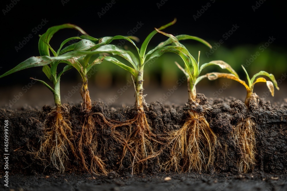 Young corn plants with visible root systems planted in rich soil ...