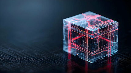 Poster - Transparent Digital Cube With Glowing Red Lines On Dark Circuit Background