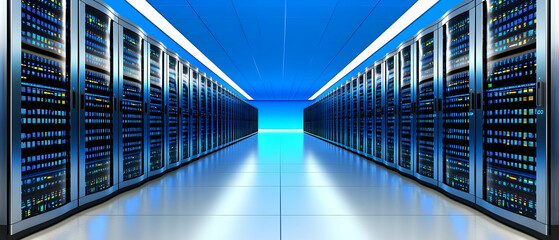 Poster - High-Tech Server Room Interior With Blue Lighting