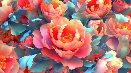Wall Mural - Bold peony blossoms, vibrant foliage infinite floral textile design , background, pattern, bloom. [Fractal Eden] | Recursive Gardens | infinite blossoms. Illustration