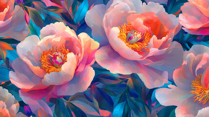 Wall Mural - Bold peony blossoms, vibrant foliage infinite floral textile design , background, pattern, bloom. [Fractal Eden] | Recursive Gardens | infinite blossoms. Illustration