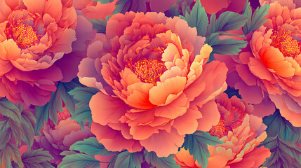 Wall Mural - Bold peony blossoms, vibrant foliage infinite floral textile design , background, pattern, bloom. [Fractal Eden] | Recursive Gardens | infinite blossoms. Illustration