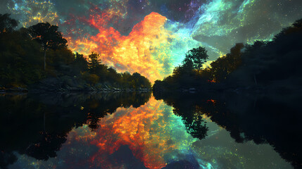 Wall Mural - Celestial reflection: a vibrant nebula mirrored in a tranquil lake at night. [Fractal Eden] | Reflected Gardens | mirrored space. Illustration