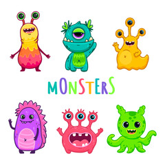 Wall Mural - Big set of cartoon monsters. Cute monsters. Kids funny character design for posters, cards., magazins. 