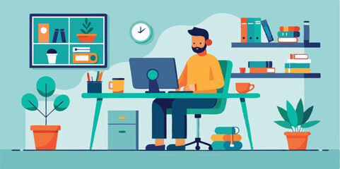 Leinwandbilder - Vector illustration of a person working at a desk in a modern home office with plants and bookshelves, creating a relaxed and productive atmosphere during the day