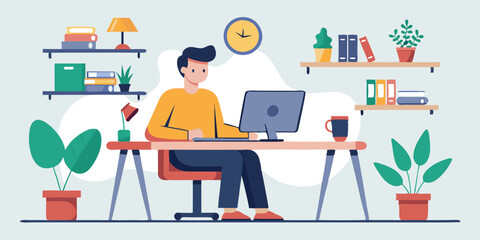 Leinwandbilder - Vector illustration of a person working at a desk in a modern home office with plants and bookshelves, creating a relaxed and productive atmosphere during the day