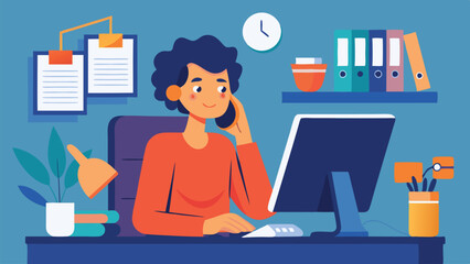 Aufkleber - Professional woman engaged in remote work at a home office, speaking on a phone while managing tasks on a computer with organized workspace elements