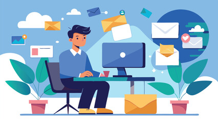 Poster - Vector illustration of a person engaged in email management at a desk surrounded by digital communication elements