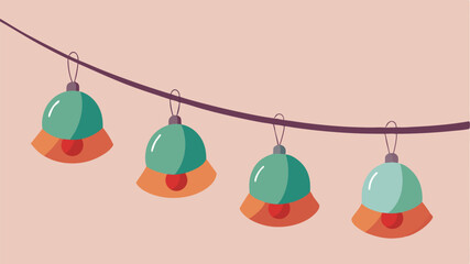 Poster - Colorful festive decorations with green, red, and yellow ornaments hanging on a string against a light background, evoking a cheerful holiday vibe