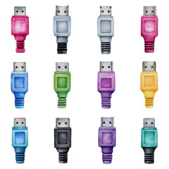 Poster - Colorful USB Connectors in Various Shades Arranged in a Grid Pattern for Digital Devices and Cables, isolated on transparent background.
