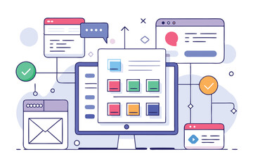 Aufkleber - Vector illustration showcasing a modern computer interface featuring app icons, chat bubbles, and various digital notifications in a clean layout