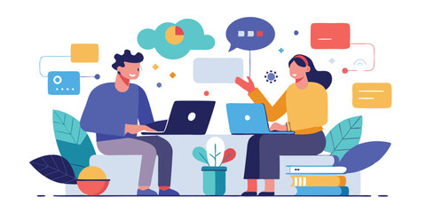 Fototapete - Vector illustration of two professionals discussing ideas in a modern workspace with colorful speech bubbles and plants around
