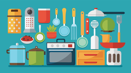 Poster - Colorful vector kitchenware illustration showcasing various cooking tools and utensils in a modern kitchen setting
